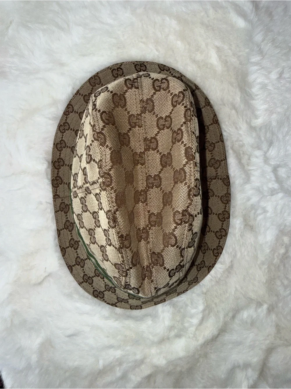 Gucci Tan GG Monogram Bucket Hat with Green and Cream Stripe - Picture 6 of 13